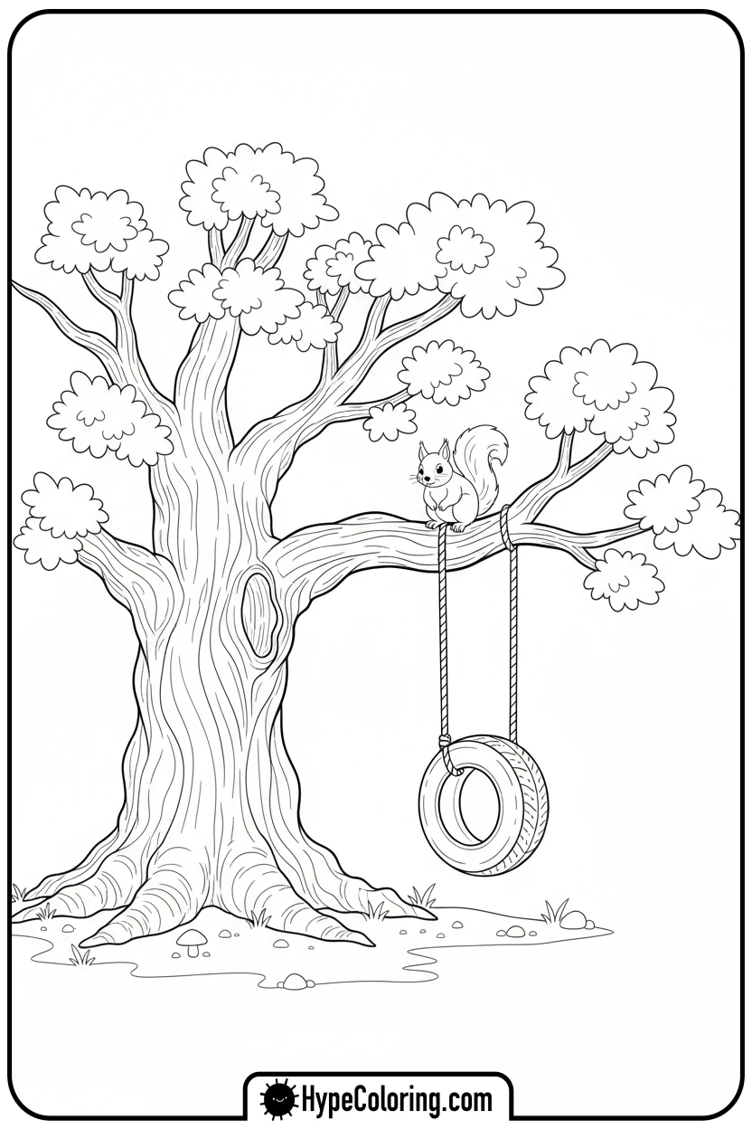 ancient-oak-tree-with-tire-swing - coloring book pages trees