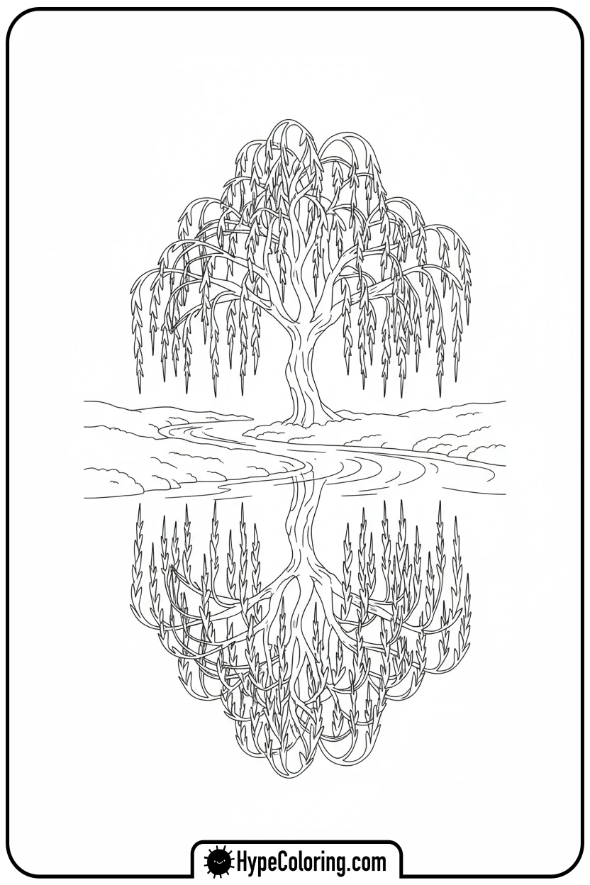 willow-tree-by-a-stream - coloring book pages trees