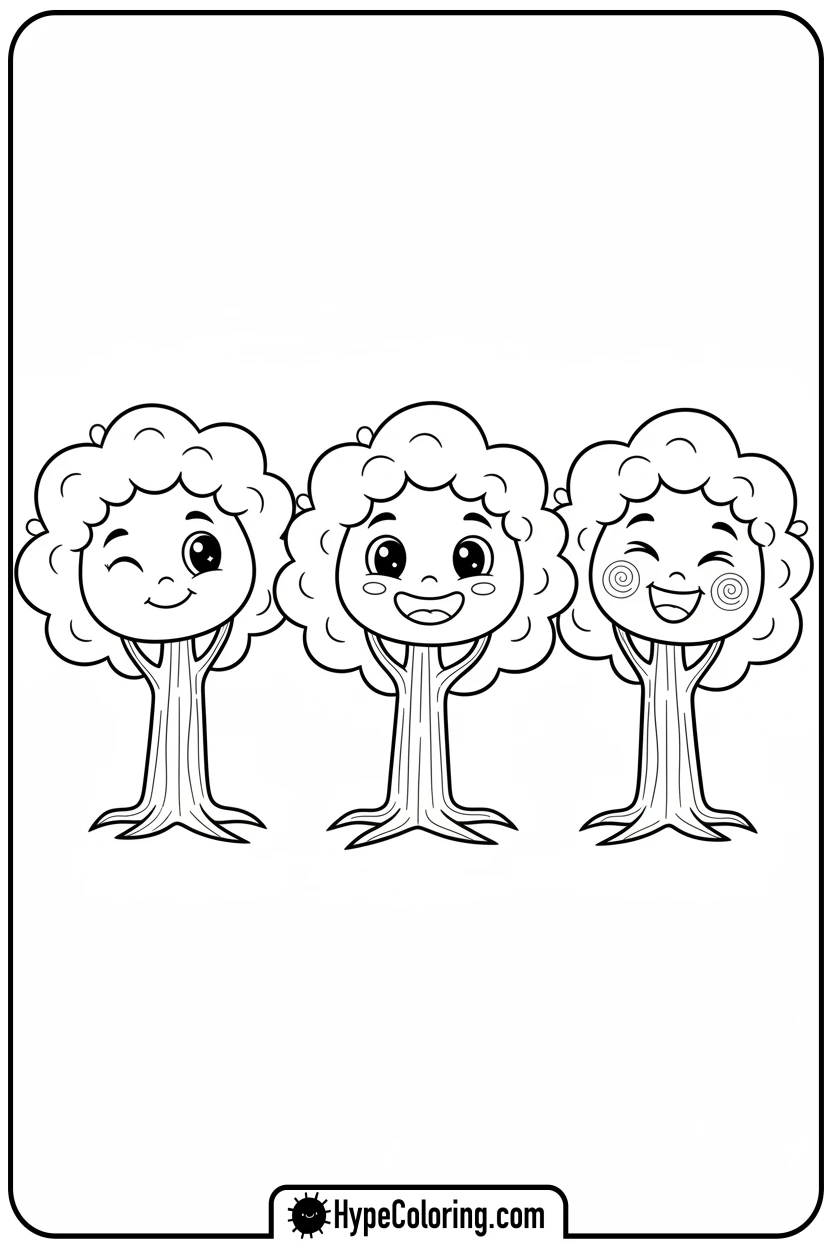 three-happy-cartoon-trees - coloring book pages trees
