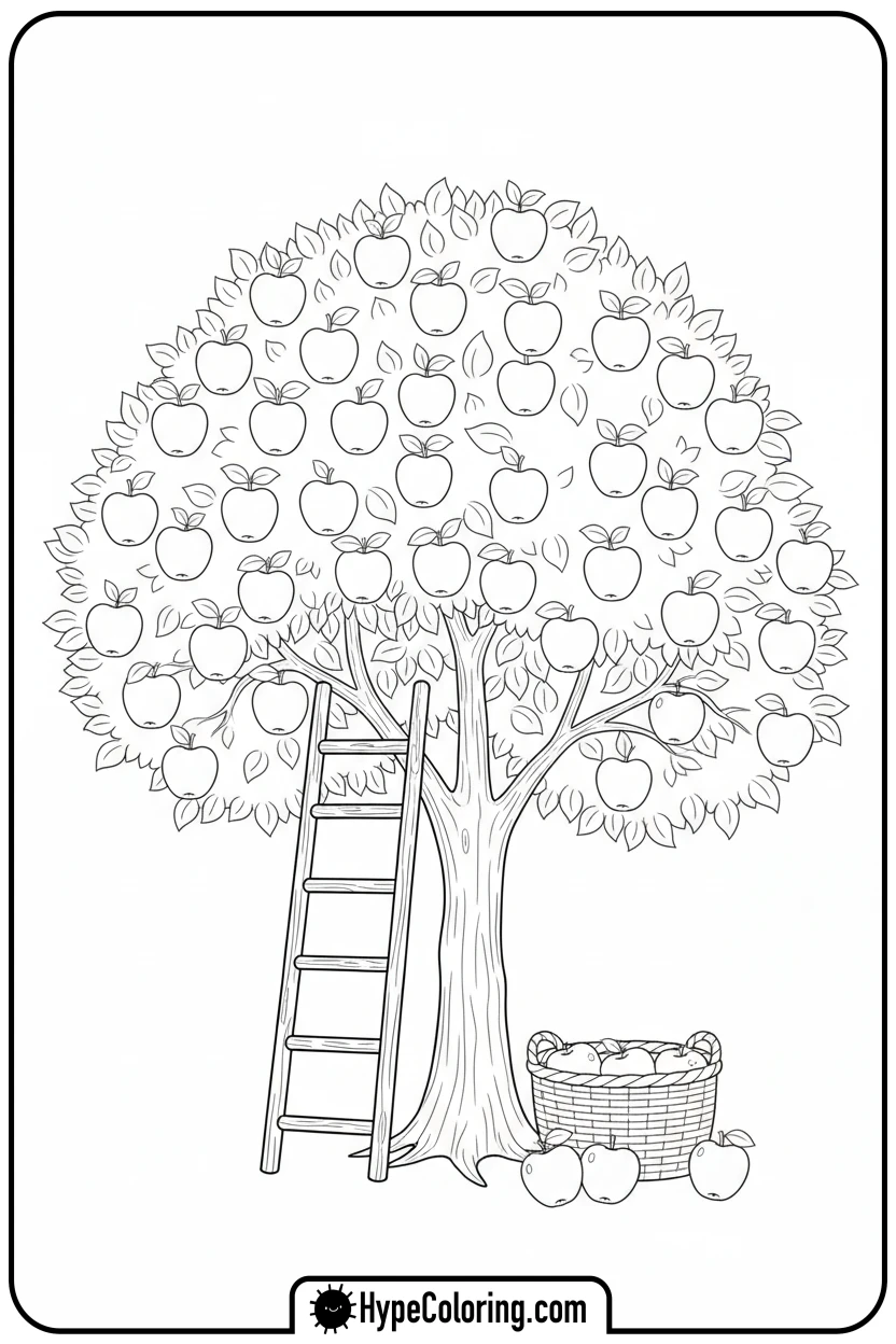 apple-tree-with-ladder-and-basket - coloring book pages trees
