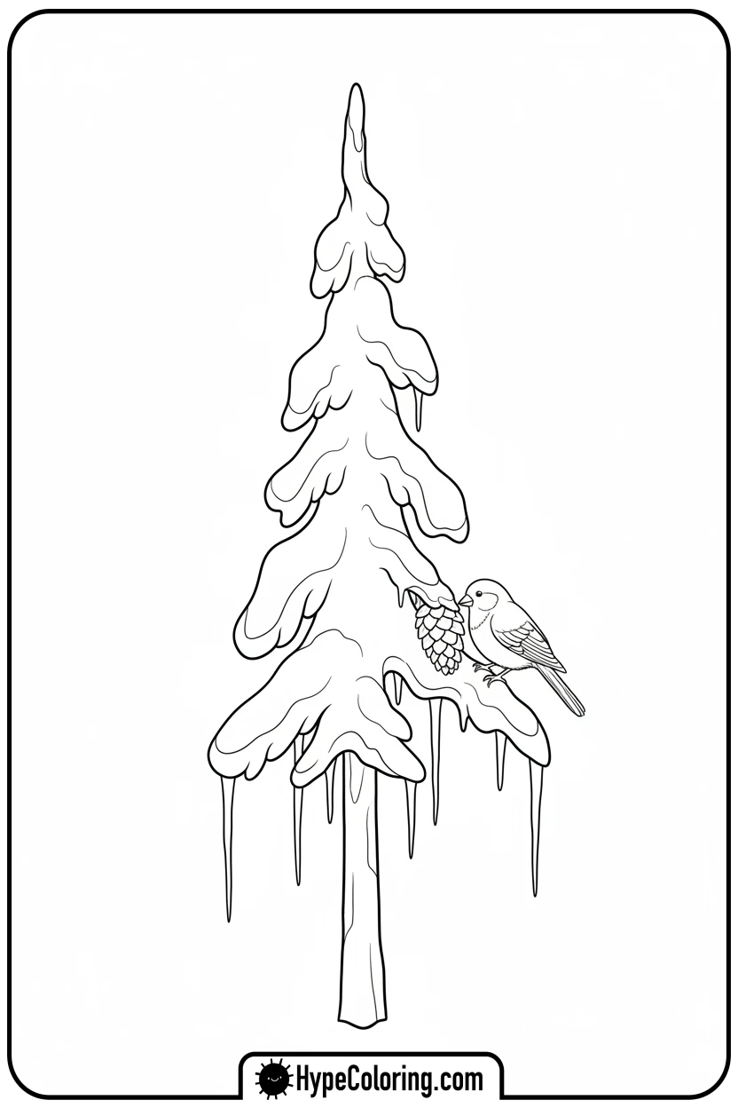 snowy-pine-tree-with-icicles - coloring book pages trees