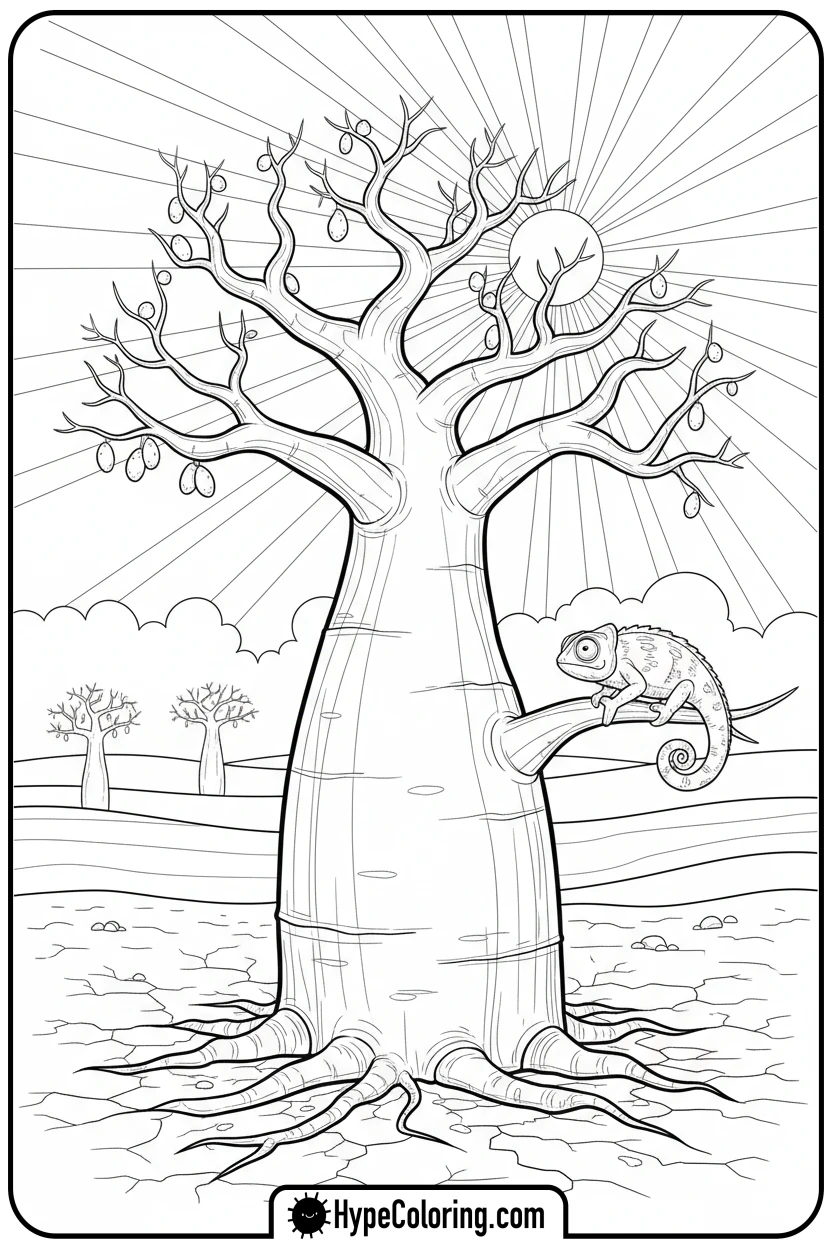 baobab-tree-in-dry-landscape - coloring book pages trees
