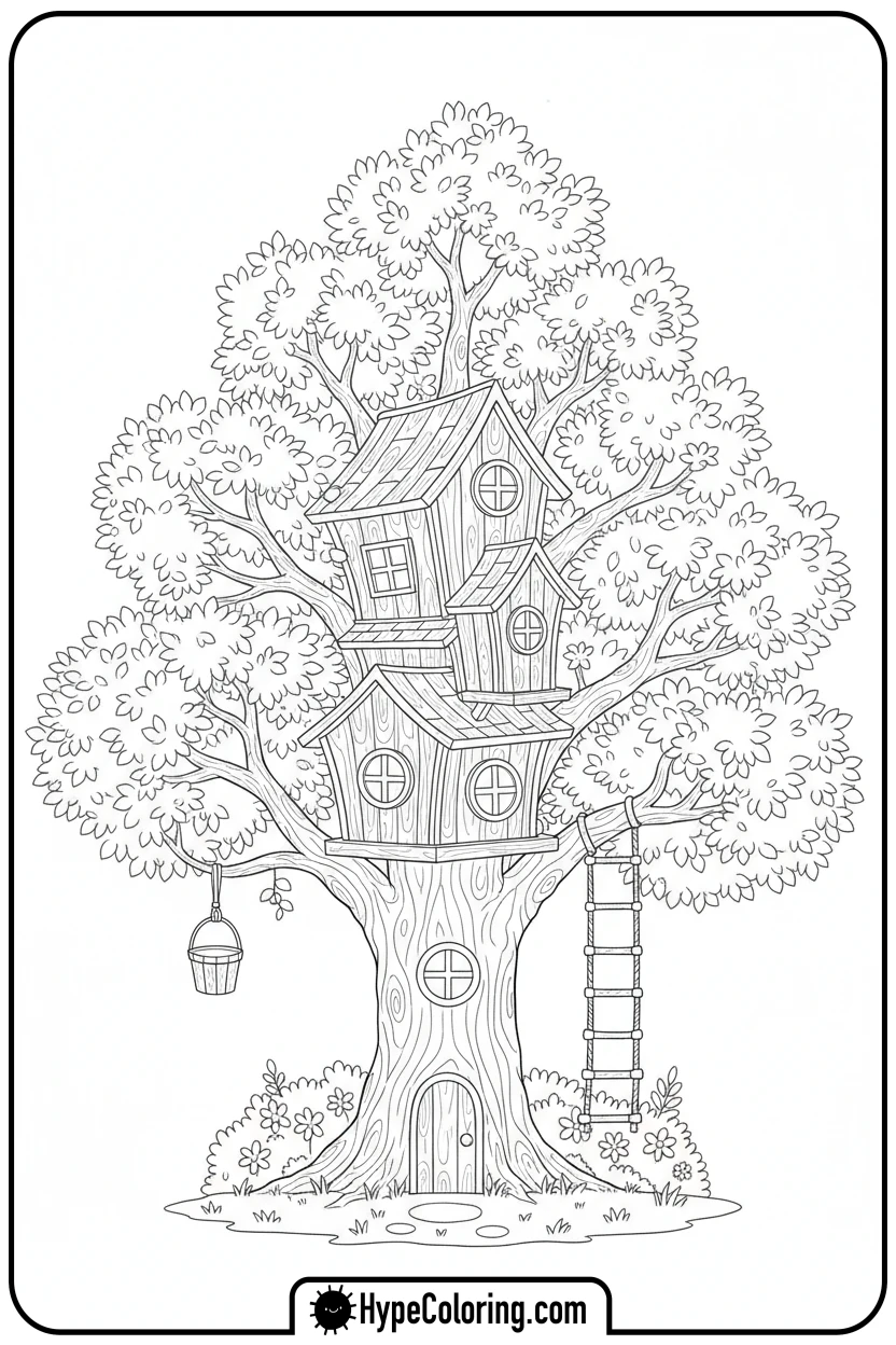 tree-with-a-detailed-treehouse - coloring book pages trees