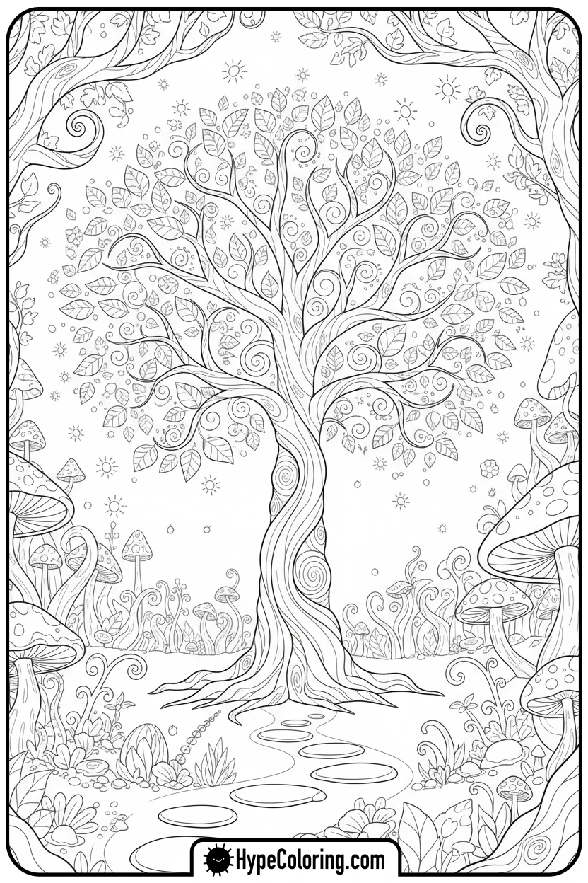 magical-glowing-tree-with-fireflies - coloring book pages trees