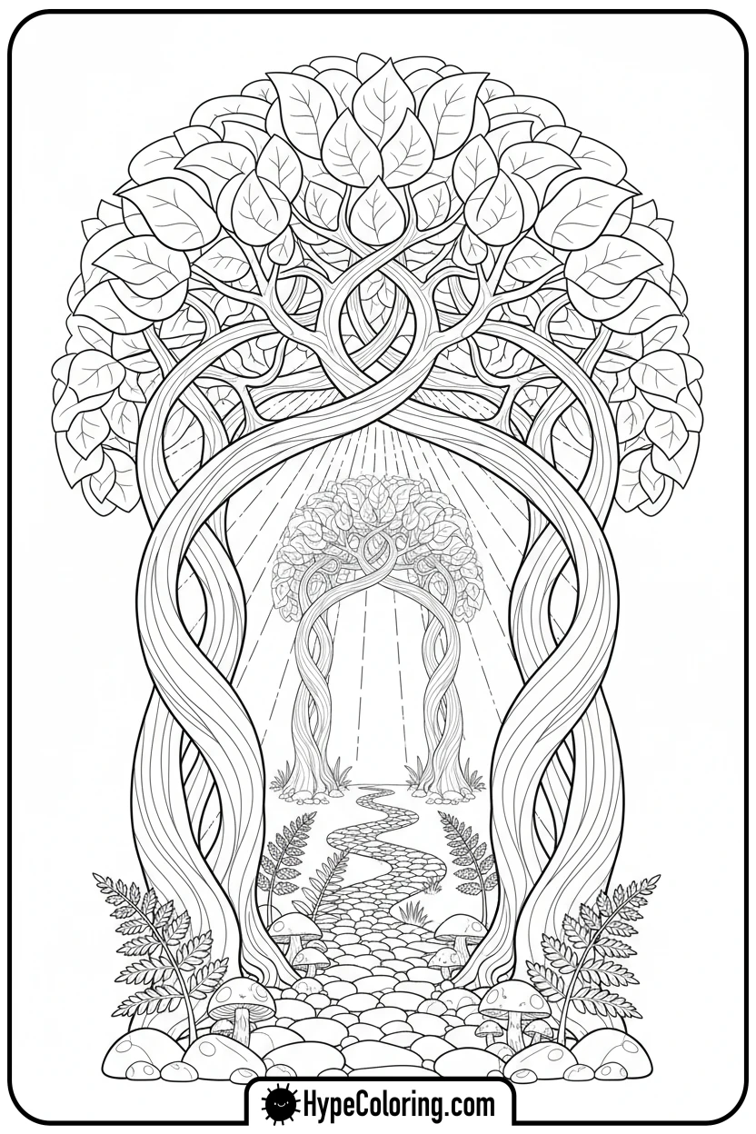 tree-archway-over-forest-path - coloring book pages trees