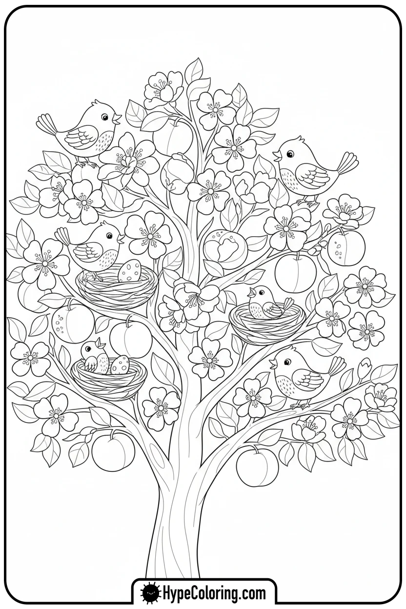 fruit-tree-with-bird-nests - coloring book pages trees
