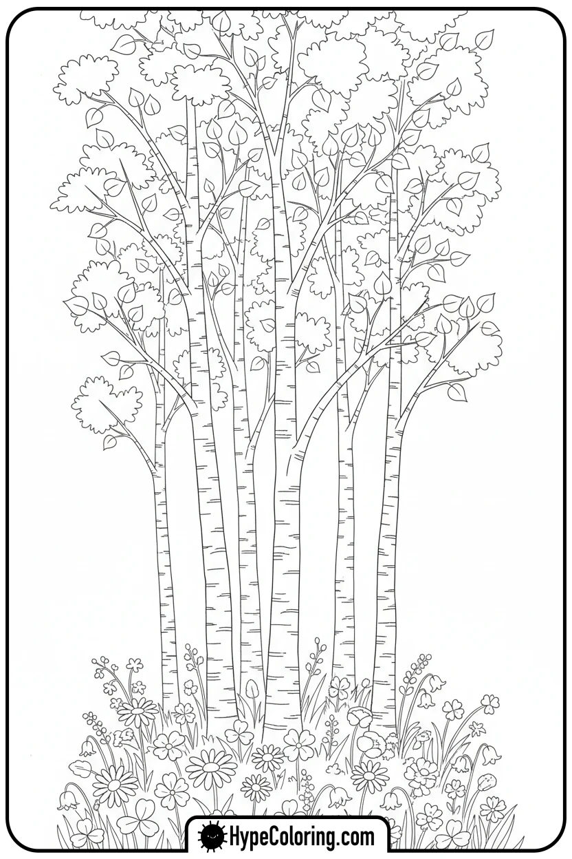 birch-trees-in-a-clearing - coloring book pages trees
