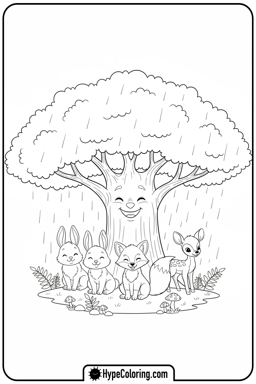 tree-sheltering-forest-animals - coloring book pages trees