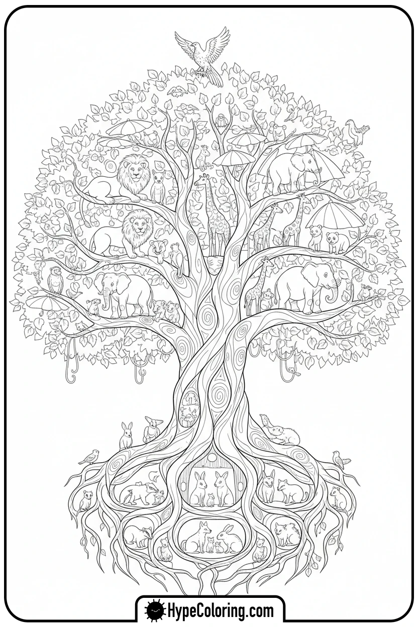 tree-of-life-with-animals - coloring book pages trees