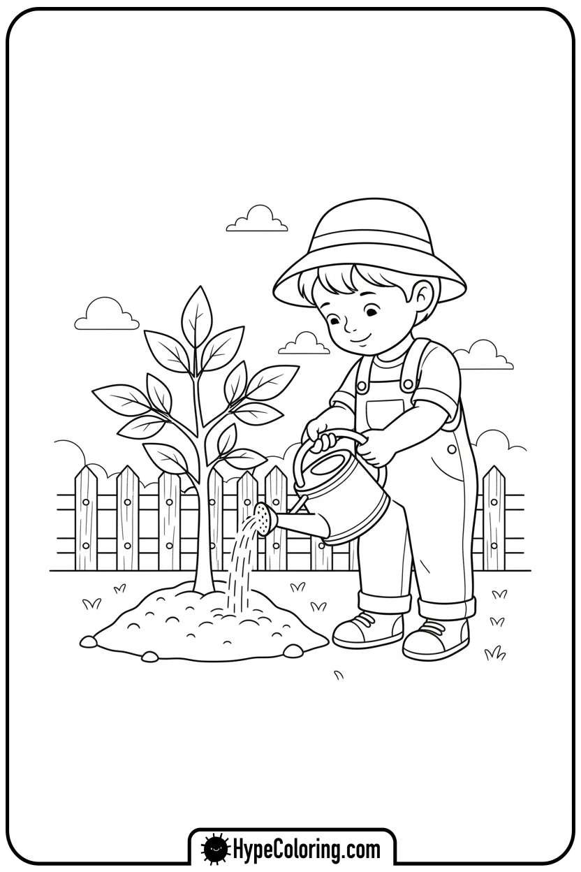 child-watering-a-sapling - coloring book pages trees