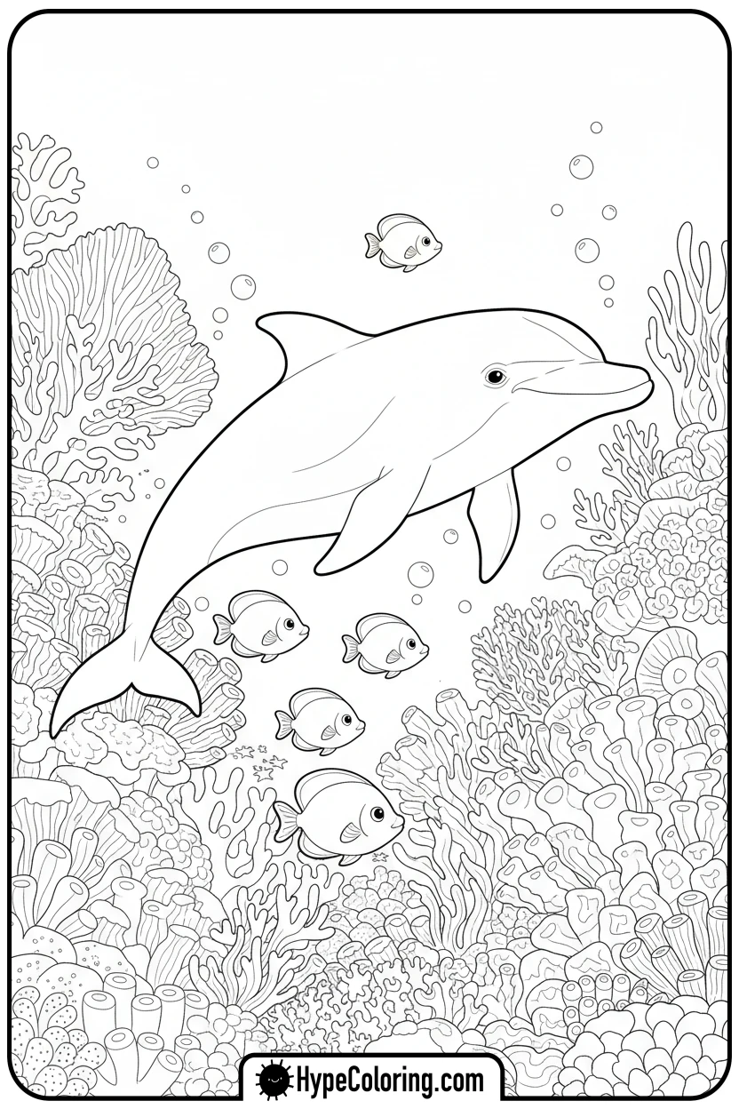 Click to download PDF dolphin-swimming-near-coral - dolphin coloring book pages