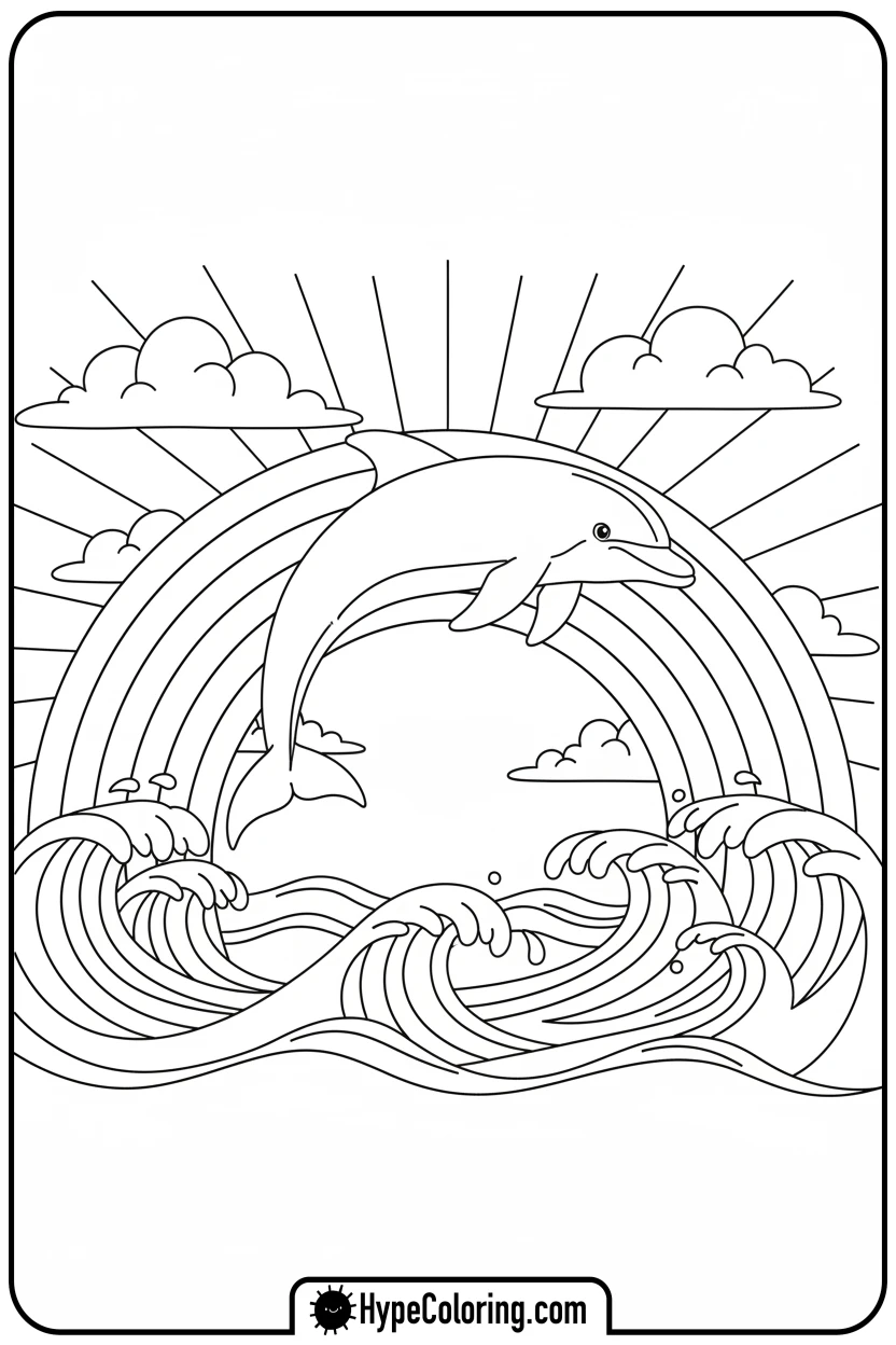 Click to download PDF dolphin-leaping-through-rainbow - dolphin coloring book pages