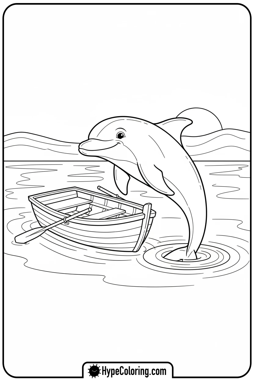 Click to download PDF dolphin-pushing-rowboat - dolphin coloring book pages