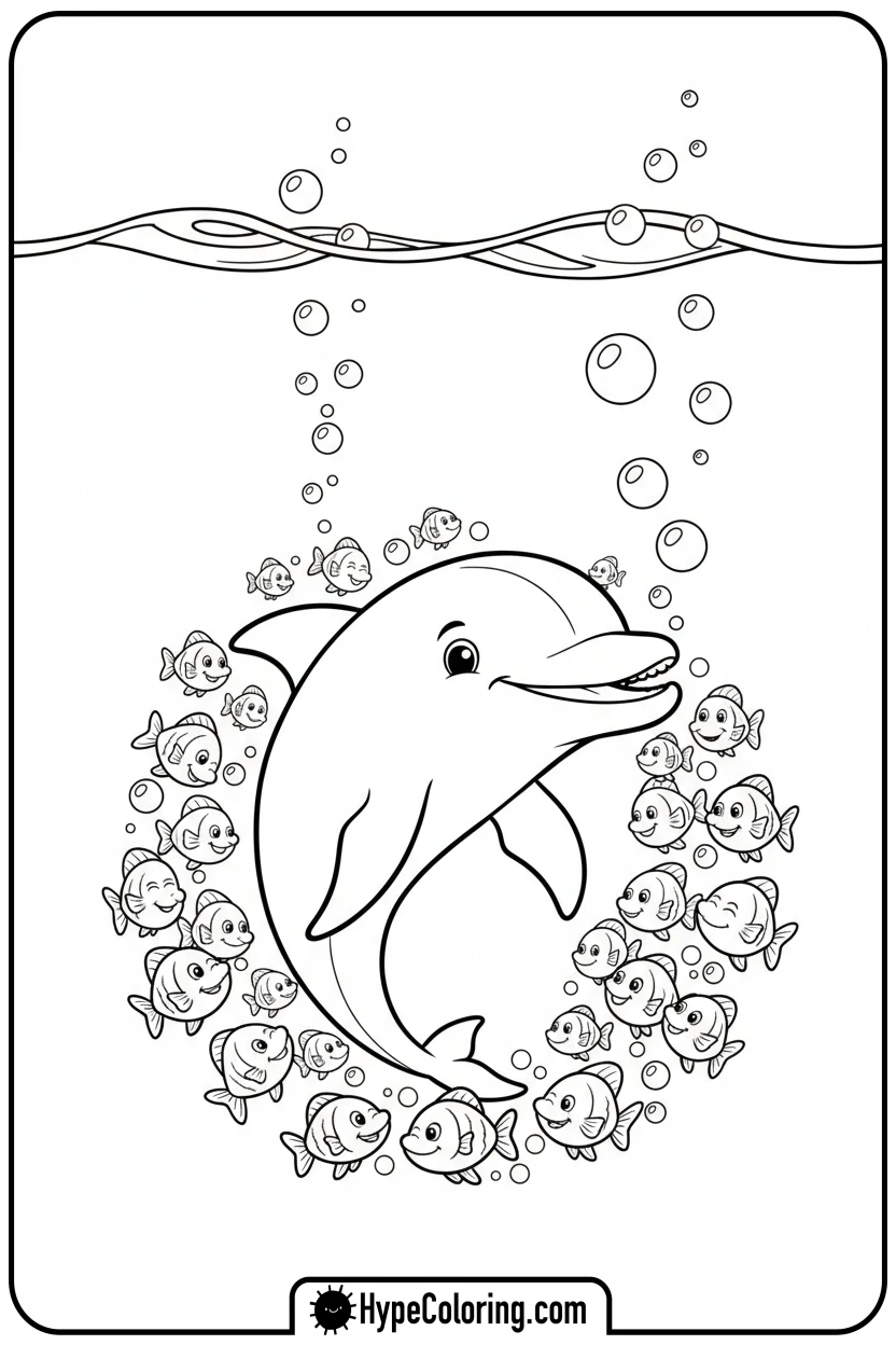 Click to download PDF dolphin-with-fish-and-bubbles - dolphin coloring book pages