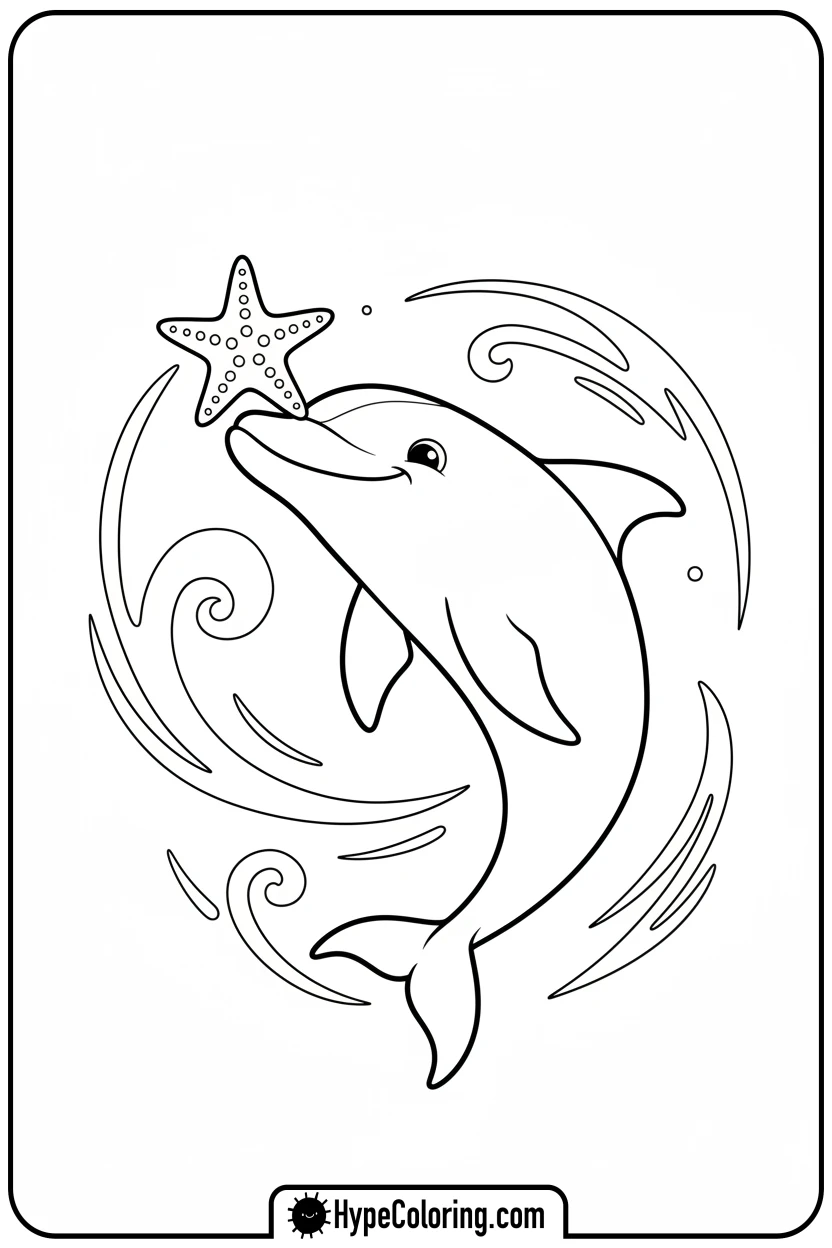 Click to download PDF dolphin-with-starfish-on-nose - dolphin coloring book pages