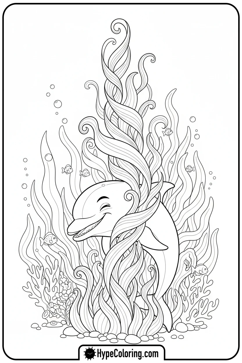 Click to download PDF dolphin-hiding-in-kelp - dolphin coloring book pages