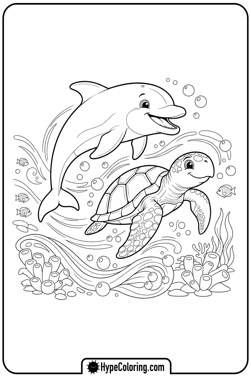 Click to download PDF dolphin-racing-sea-turtle - dolphin coloring book pages