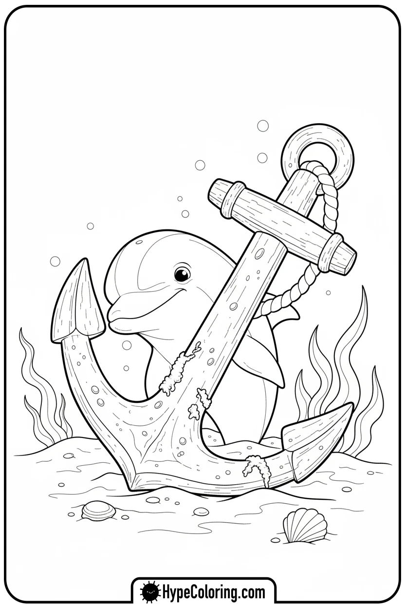 Click to download PDF dolphin-behind-ship-anchor - dolphin coloring book pages