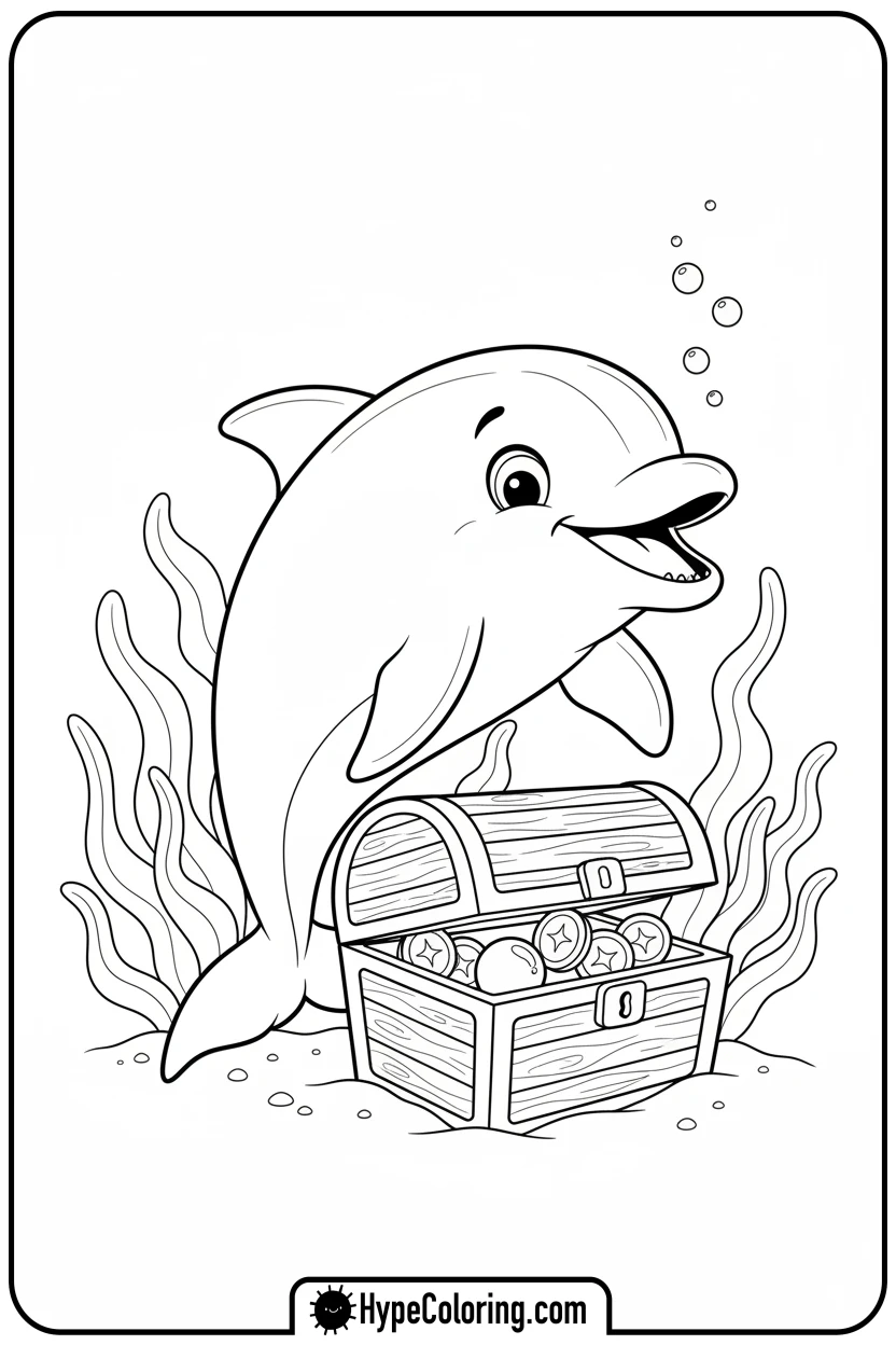 Click to download PDF dolphin-finding-treasure-chest - dolphin coloring book pages