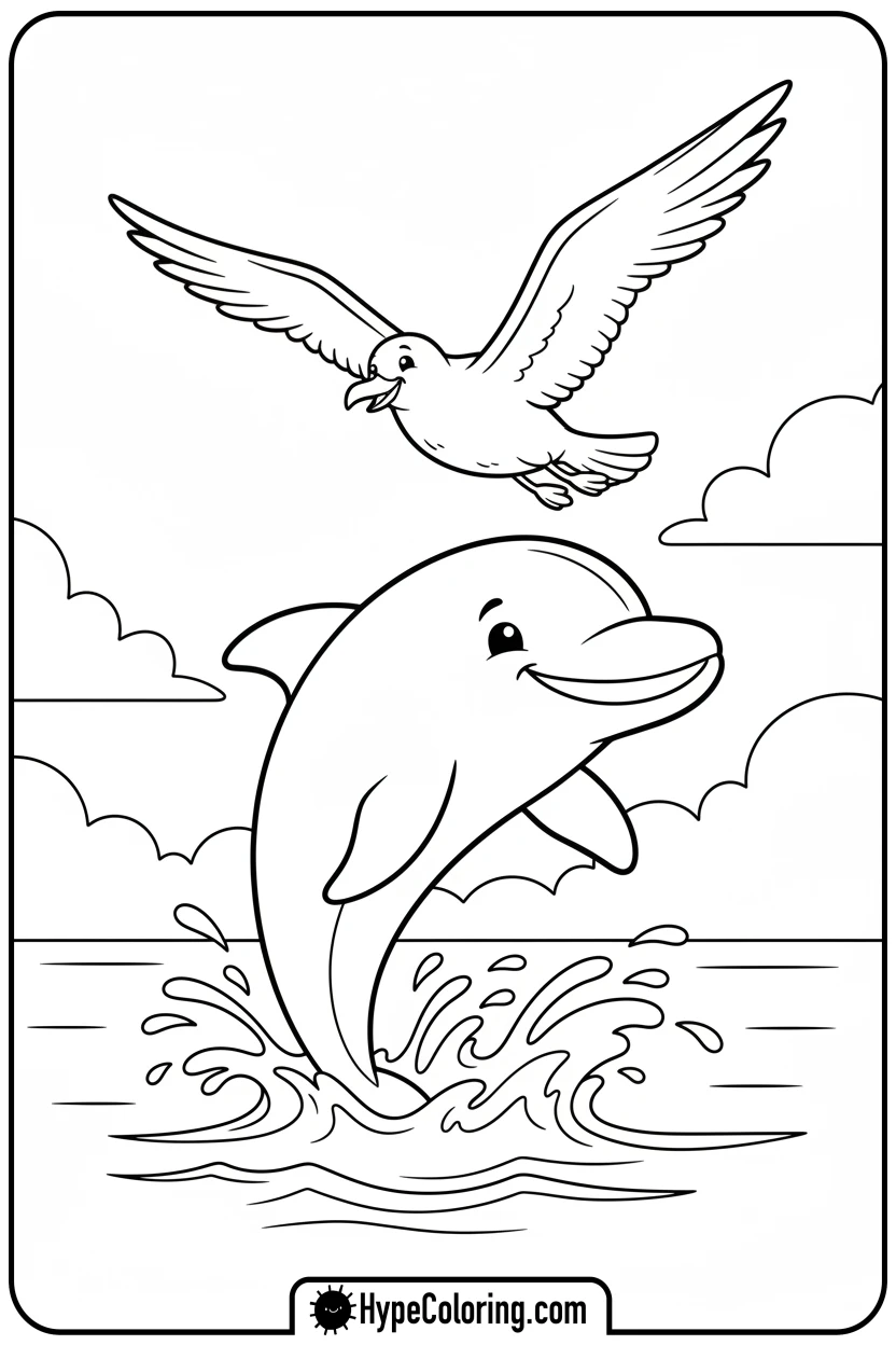 Click to download PDF dolphin-greeting-seagull - dolphin coloring book pages