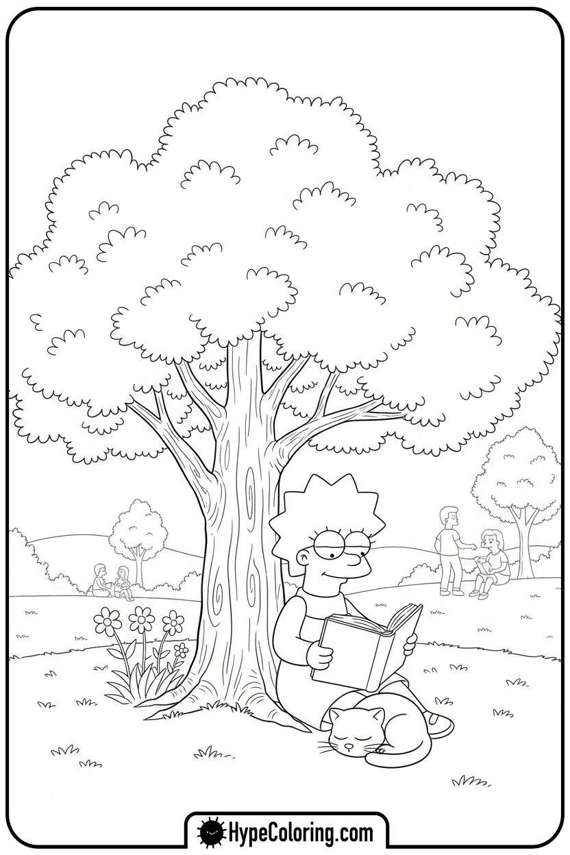 lisa-reading-under-tree - simpsons coloring book pages