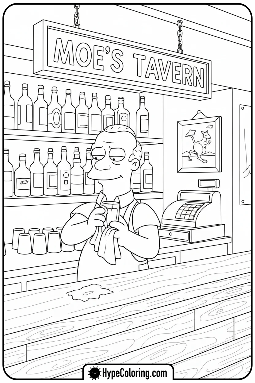 moe-at-his-bar - simpsons coloring book pages