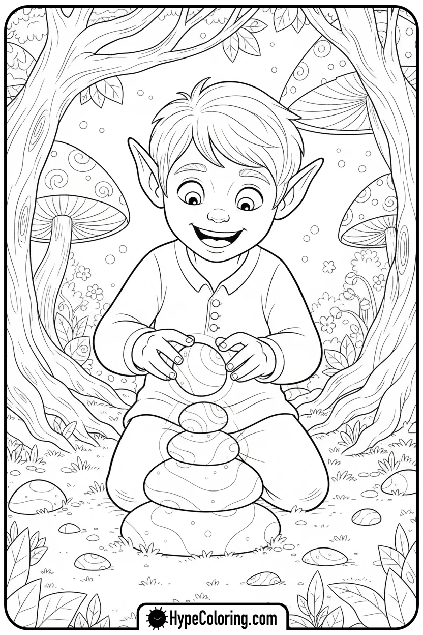 elf-building-a-glowing-stone-tower - elf coloring book pages