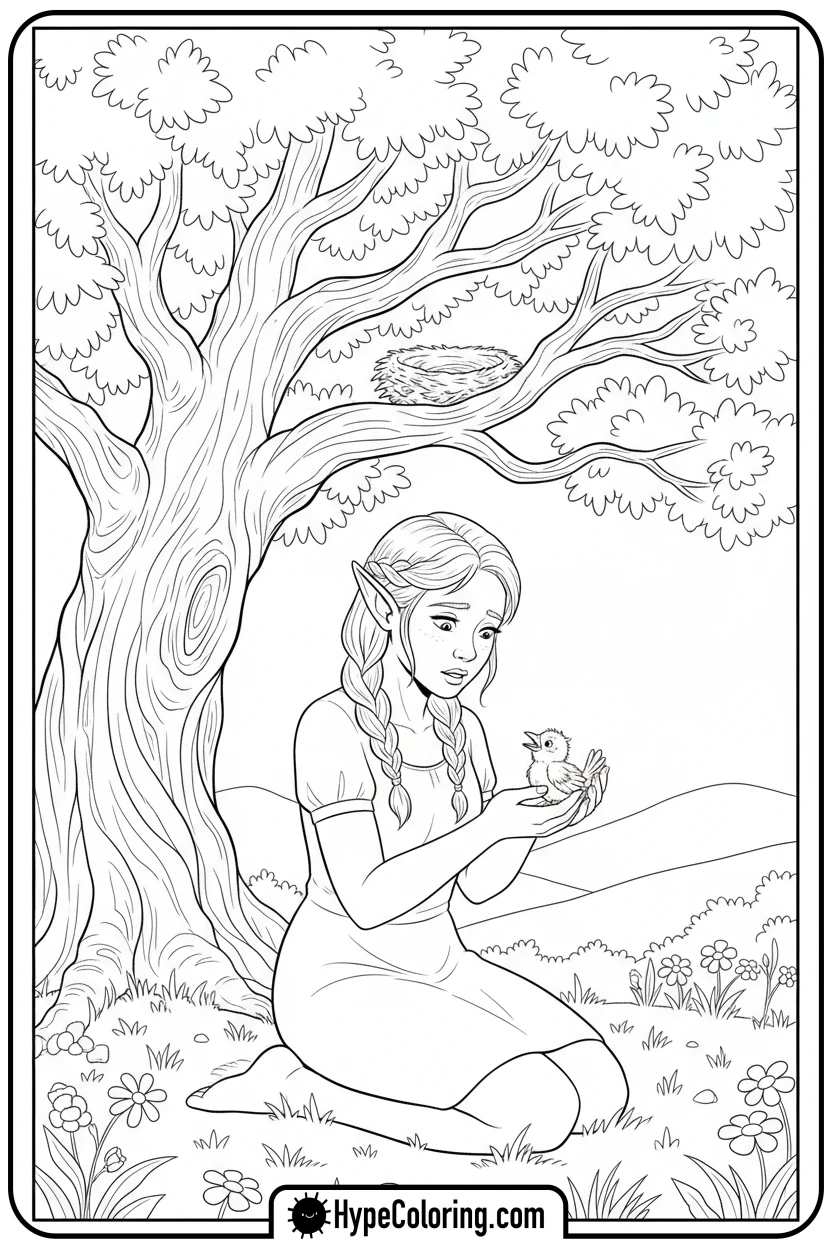 elf-helping-a-baby-bird - elf coloring book pages