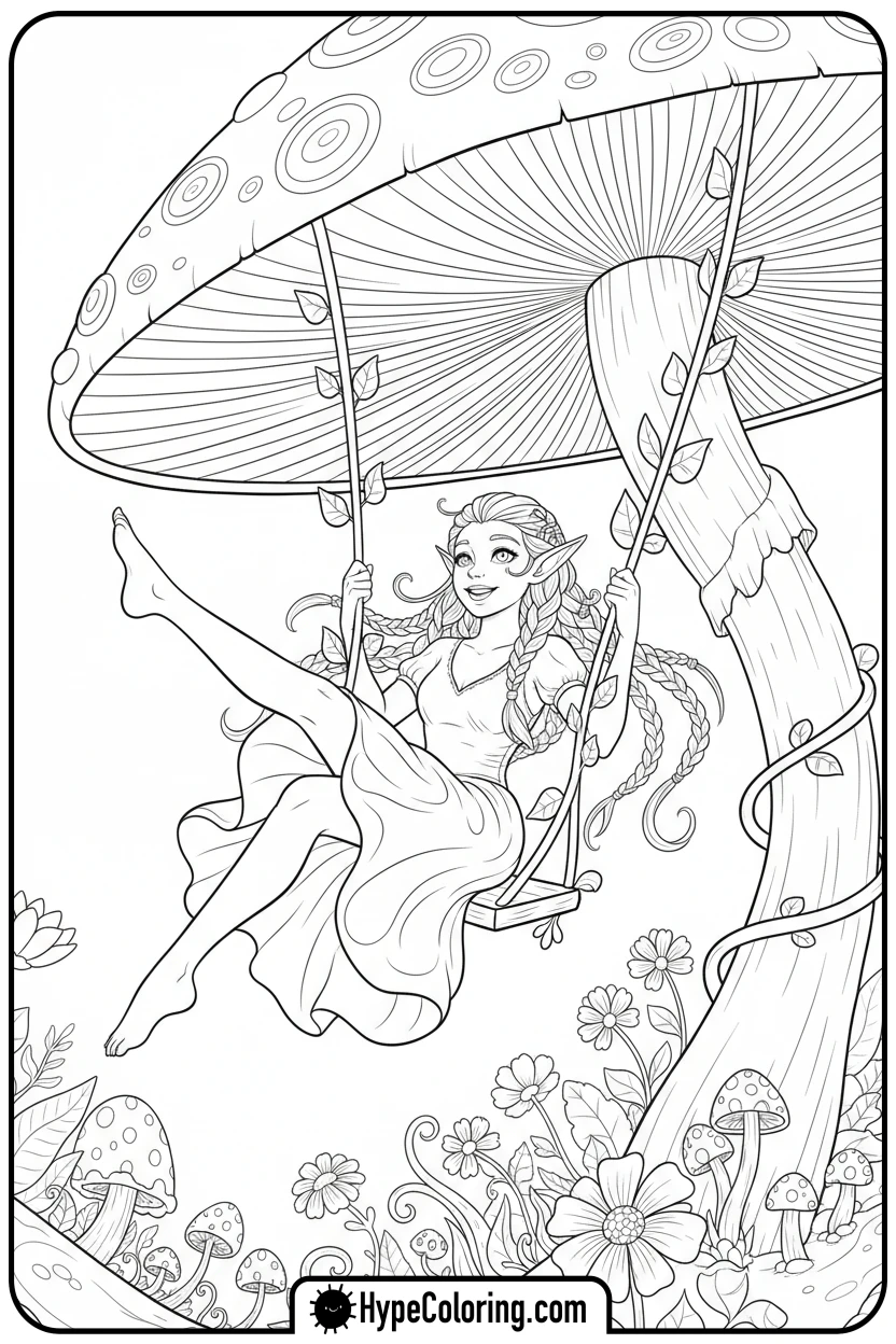 elf-swinging-on-a-mushroom-swing - elf coloring book pages