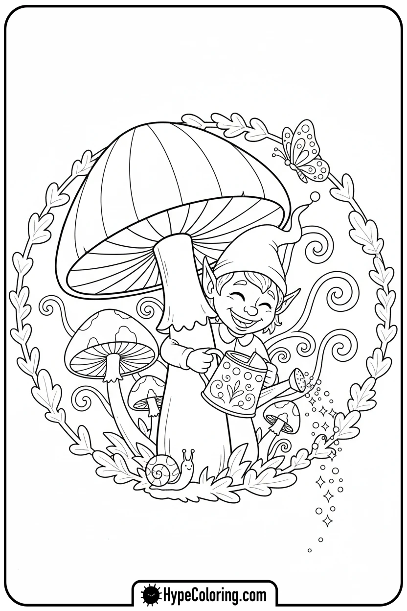 elf-peeking-from-behind-mushroom - elf coloring book pages