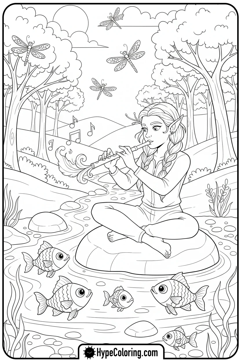 elf-playing-a-leaf-flute - elf coloring book pages