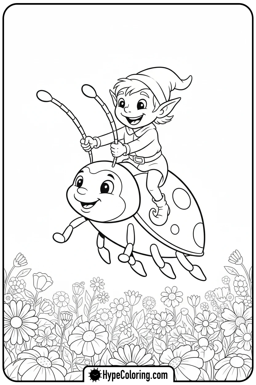 elf-riding-a-giant-ladybug - elf coloring book pages