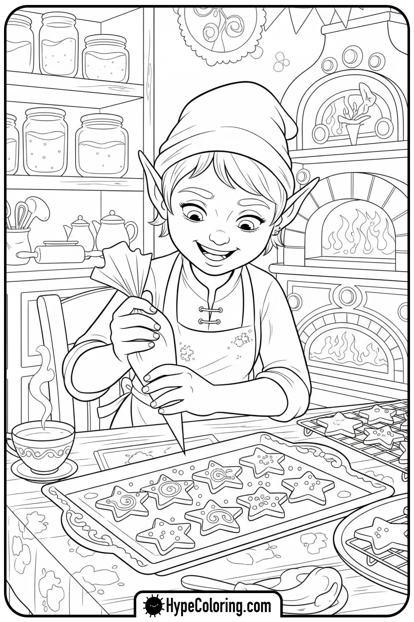 elf-decorating-star-cookies - elf coloring book pages