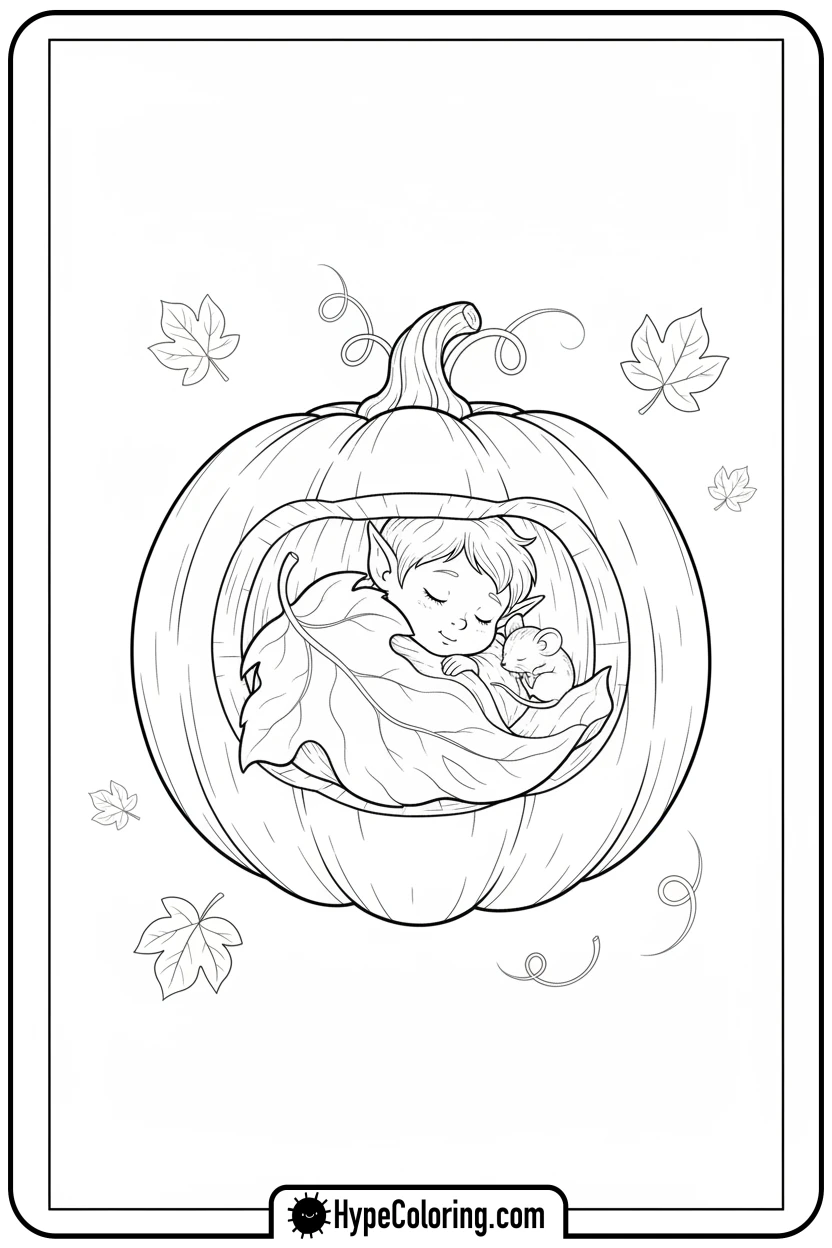 elf-napping-in-a-pumpkin - elf coloring book pages