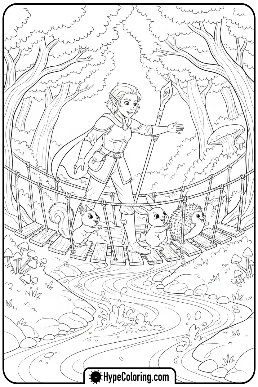 elf-leading-animals-on-bridge - elf coloring book pages