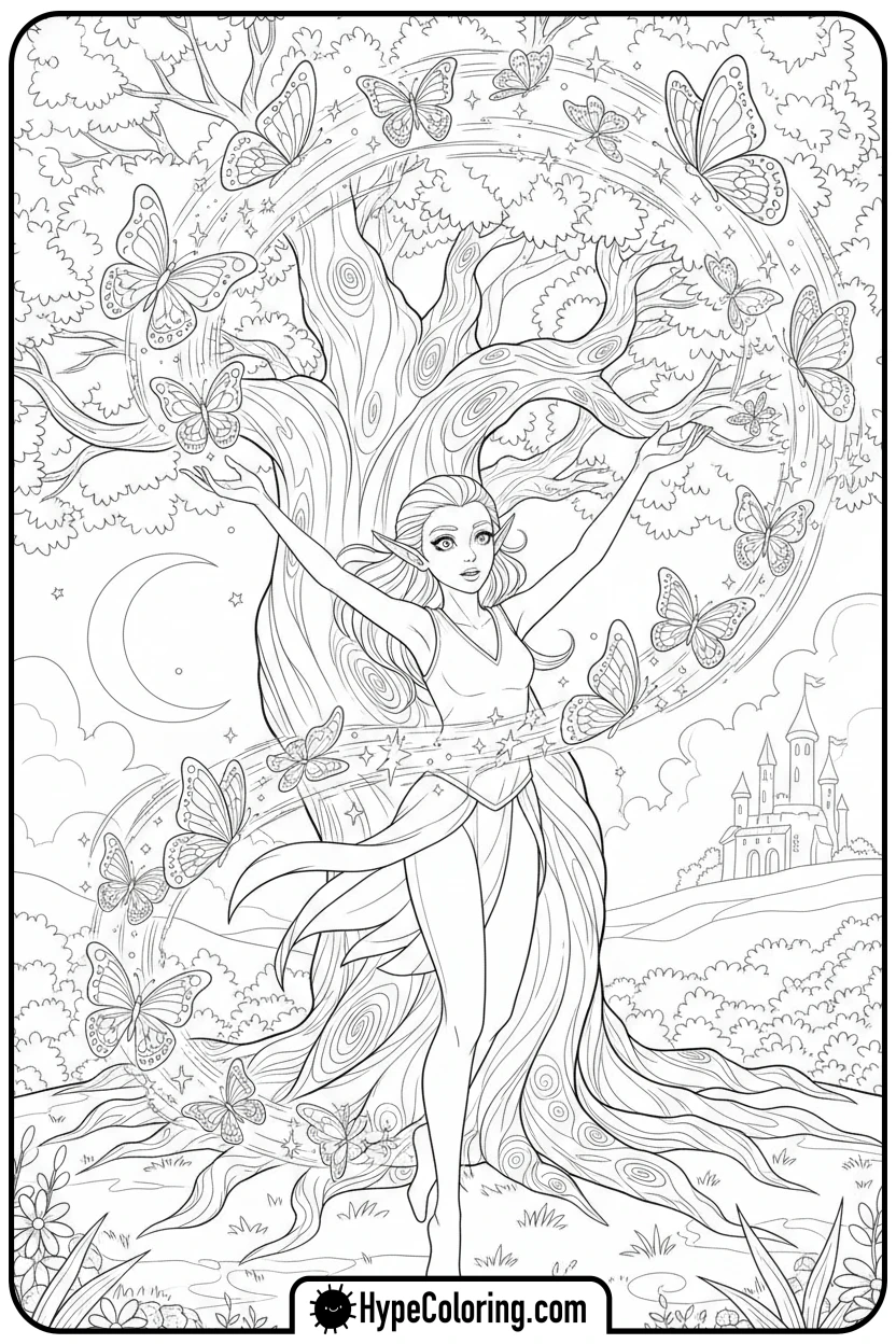 elf-casting-a-butterfly-spell - elf coloring book pages