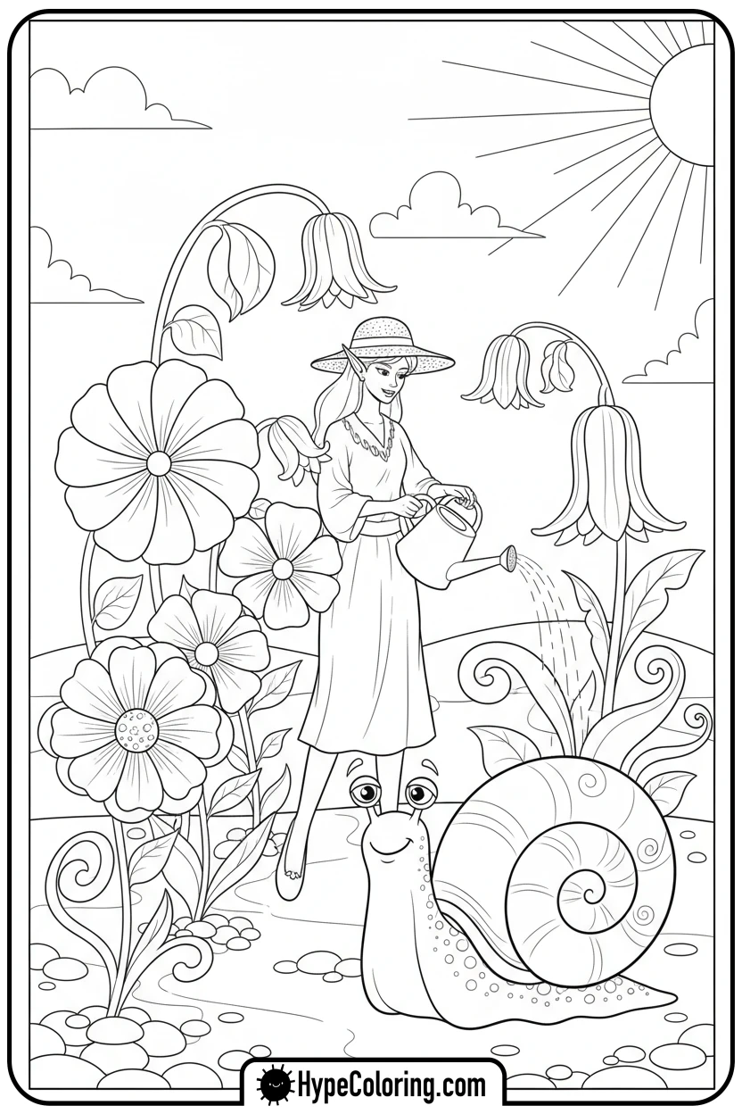 elf-watering-fantasy-flowers - elf coloring book pages