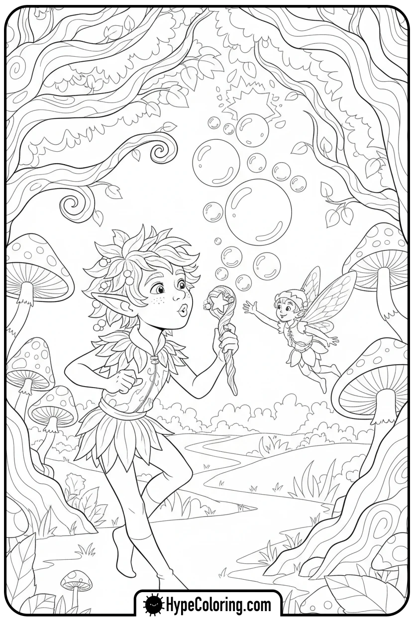 elf-blowing-magic-bubbles - elf coloring book pages