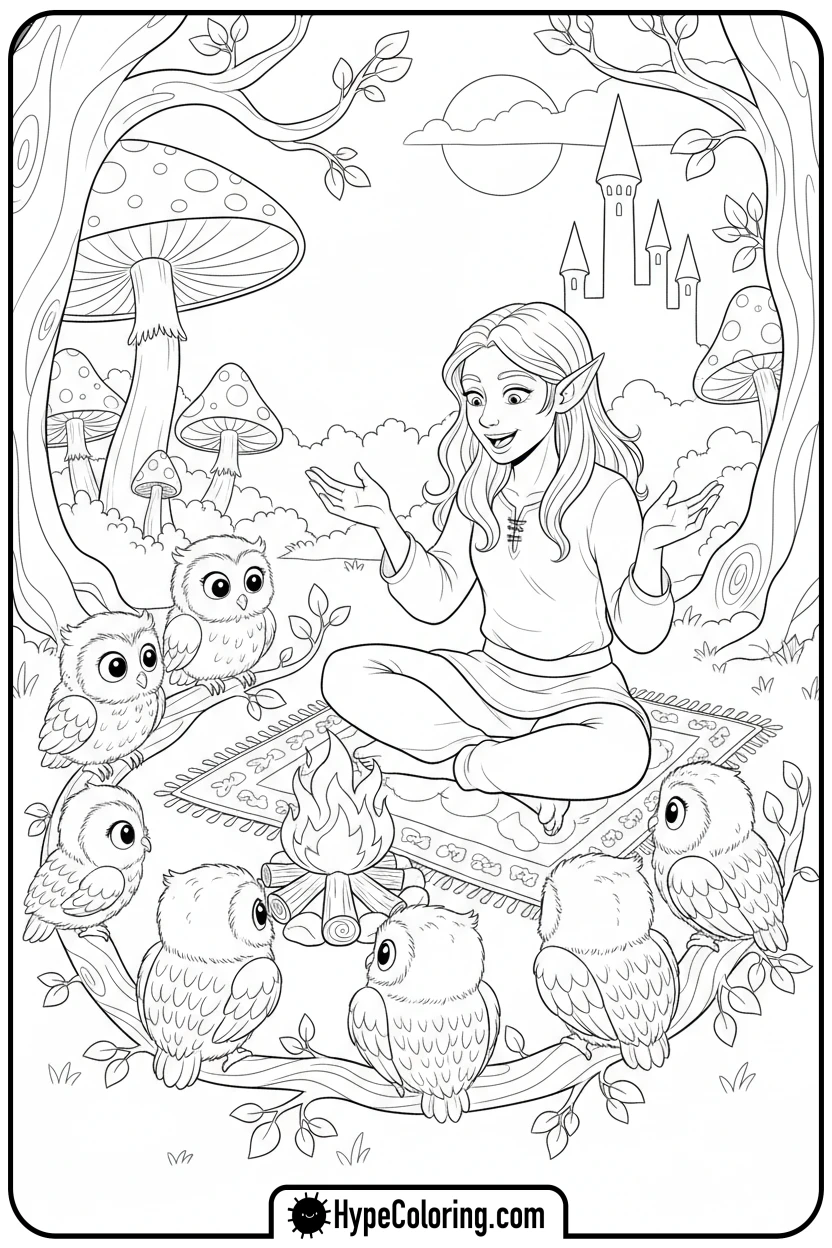 elf-telling-stories-to-owls - elf coloring book pages