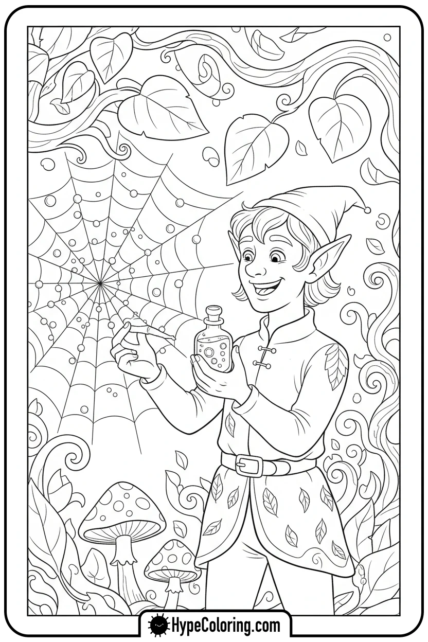 elf-collecting-dew-drops - elf coloring book pages