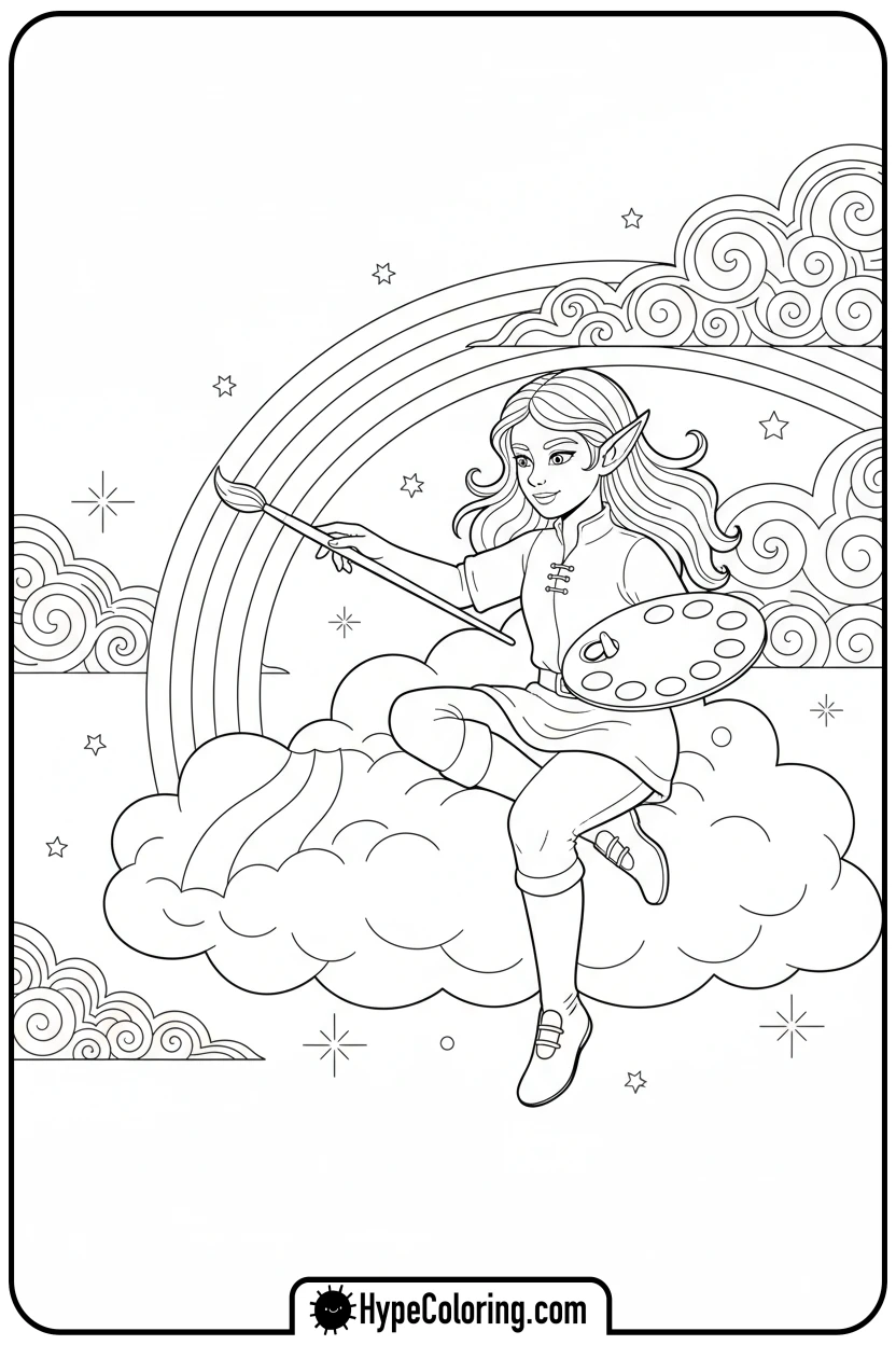 elf-painting-a-rainbow-cloud - elf coloring book pages