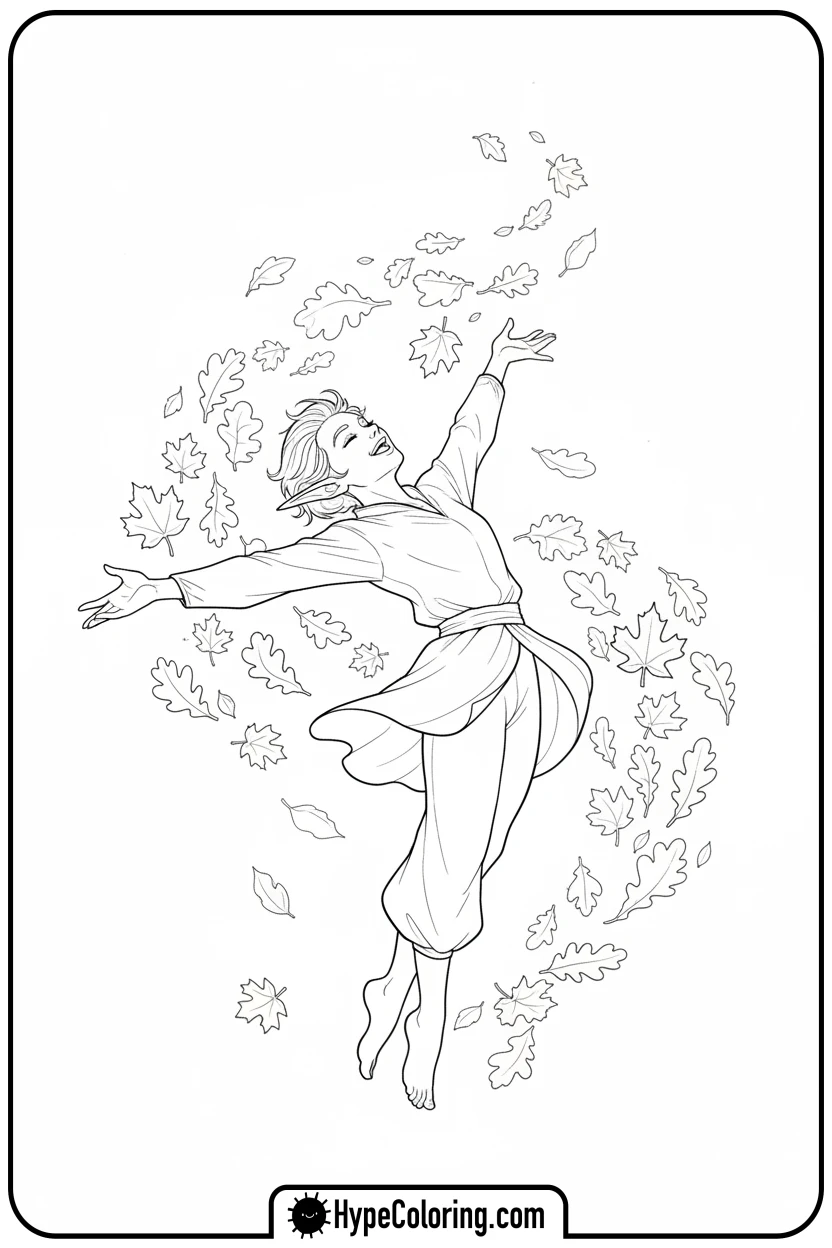 elf-dancing-in-autumn-leaves - elf coloring book pages