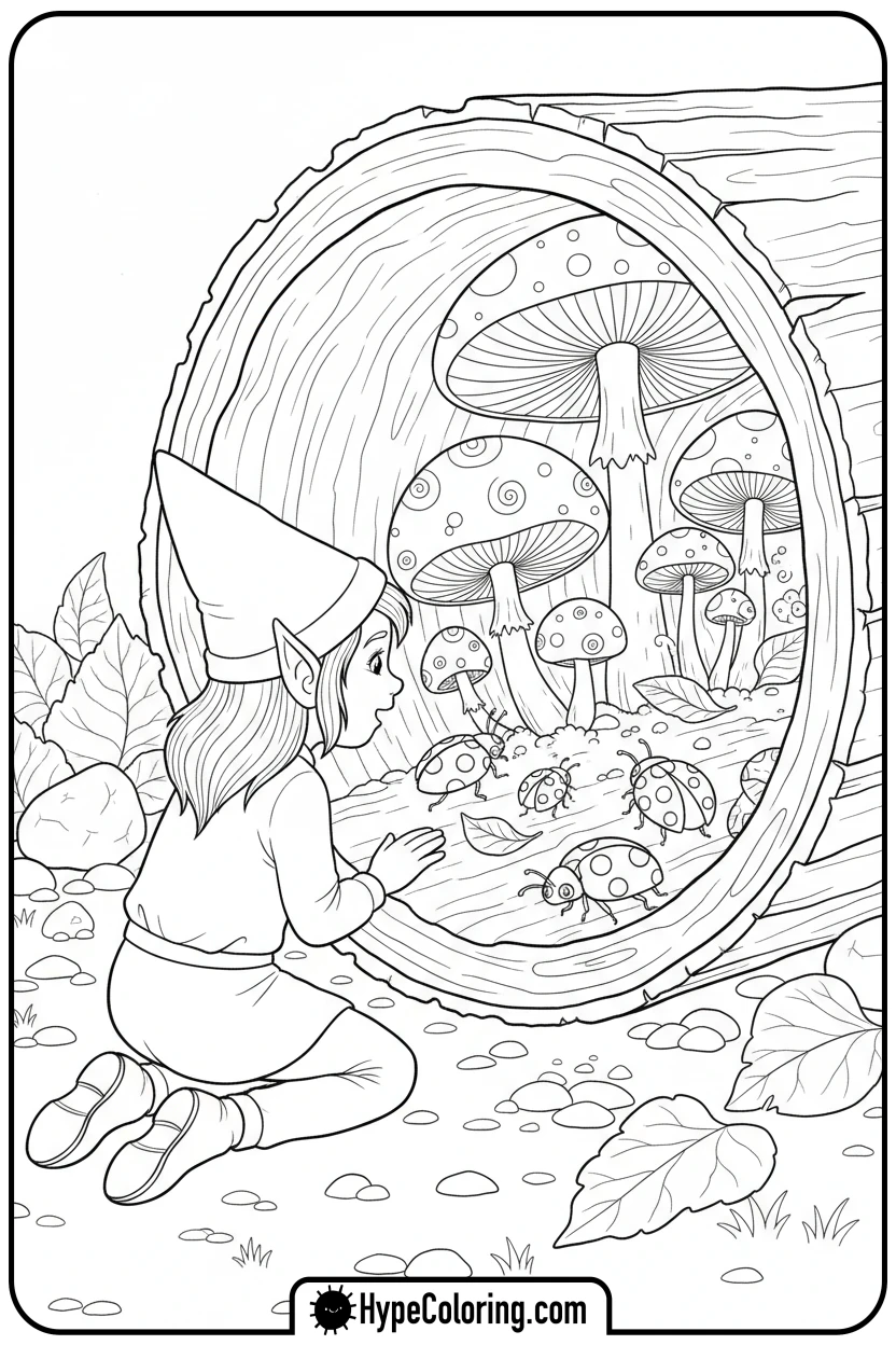elf-discovering-log-world - elf coloring book pages
