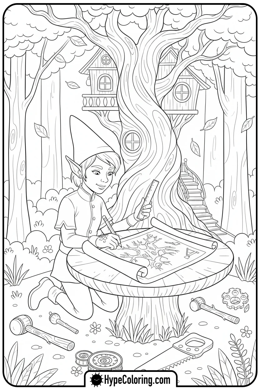 elf-designing-a-treehouse - elf coloring book pages