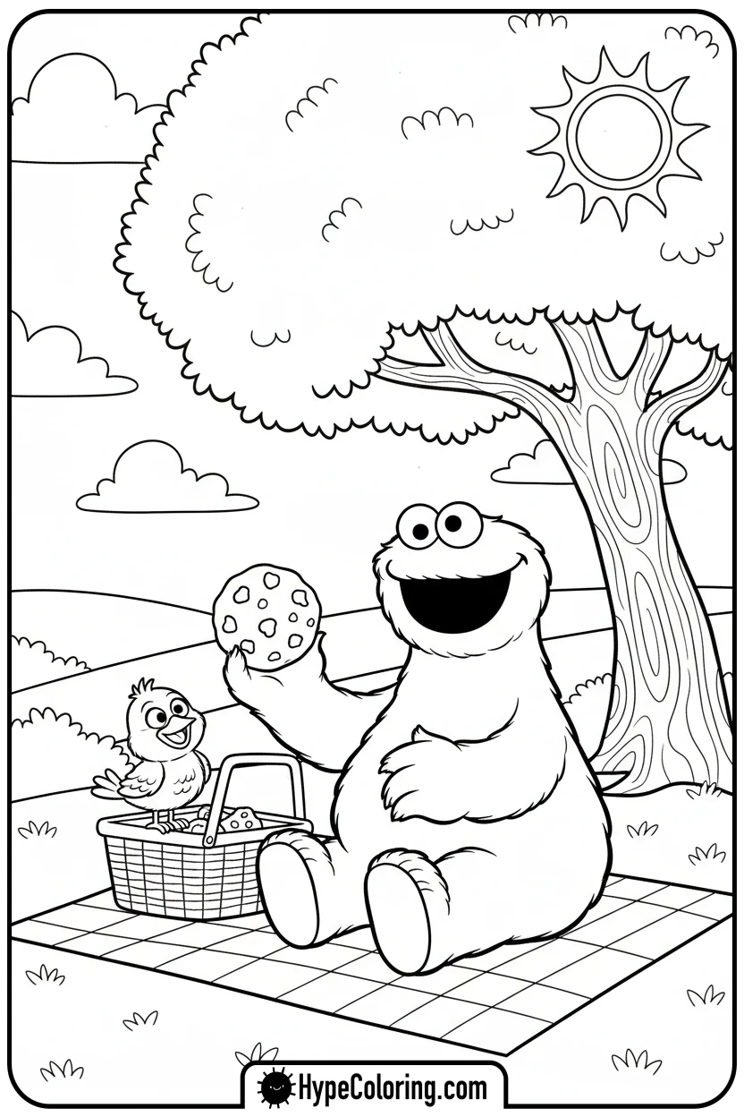 cookie-monster-sharing-cookie-with-bird - cookie monster coloring book pages