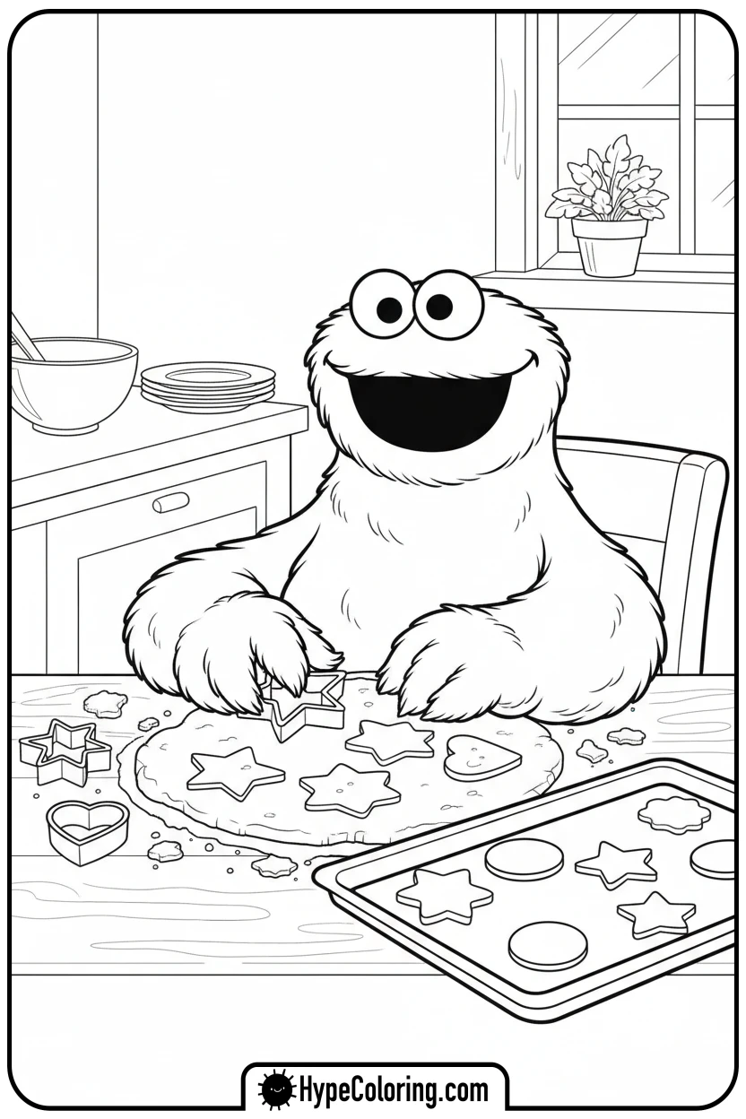cookie-monster-making-cookie-shapes - cookie monster coloring book pages