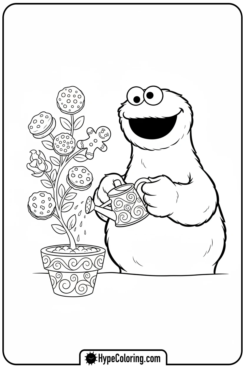 cookie-monster-watering-cookie-plant - cookie monster coloring book pages