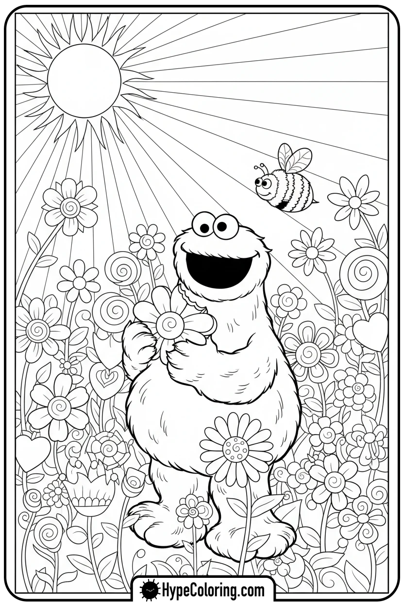 cookie-monster-in-flower-field - cookie monster coloring book pages