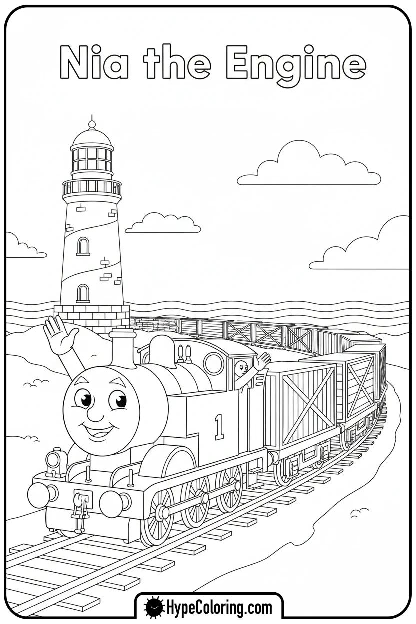 nia-pulling-cargo-past-lighthouse - thomas and friends coloring pages