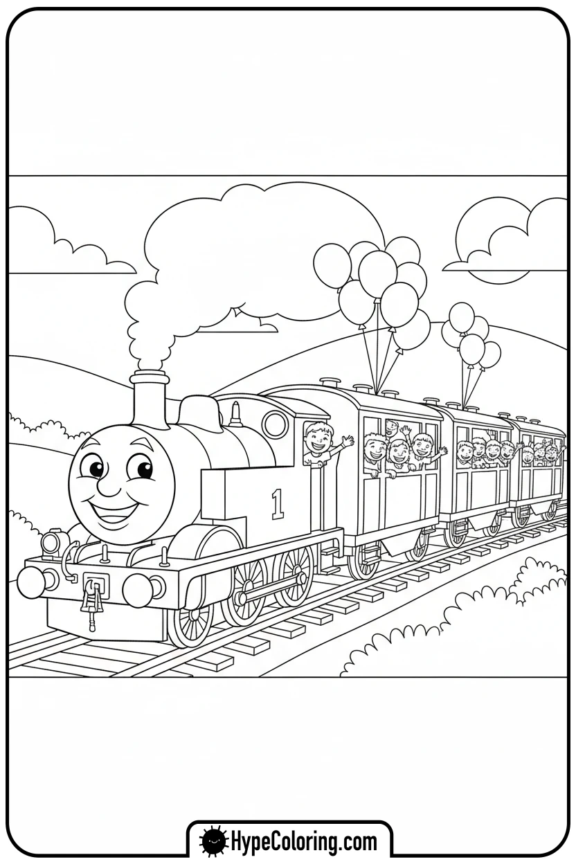 rebecca-with-children-and-balloons - thomas and friends coloring pages